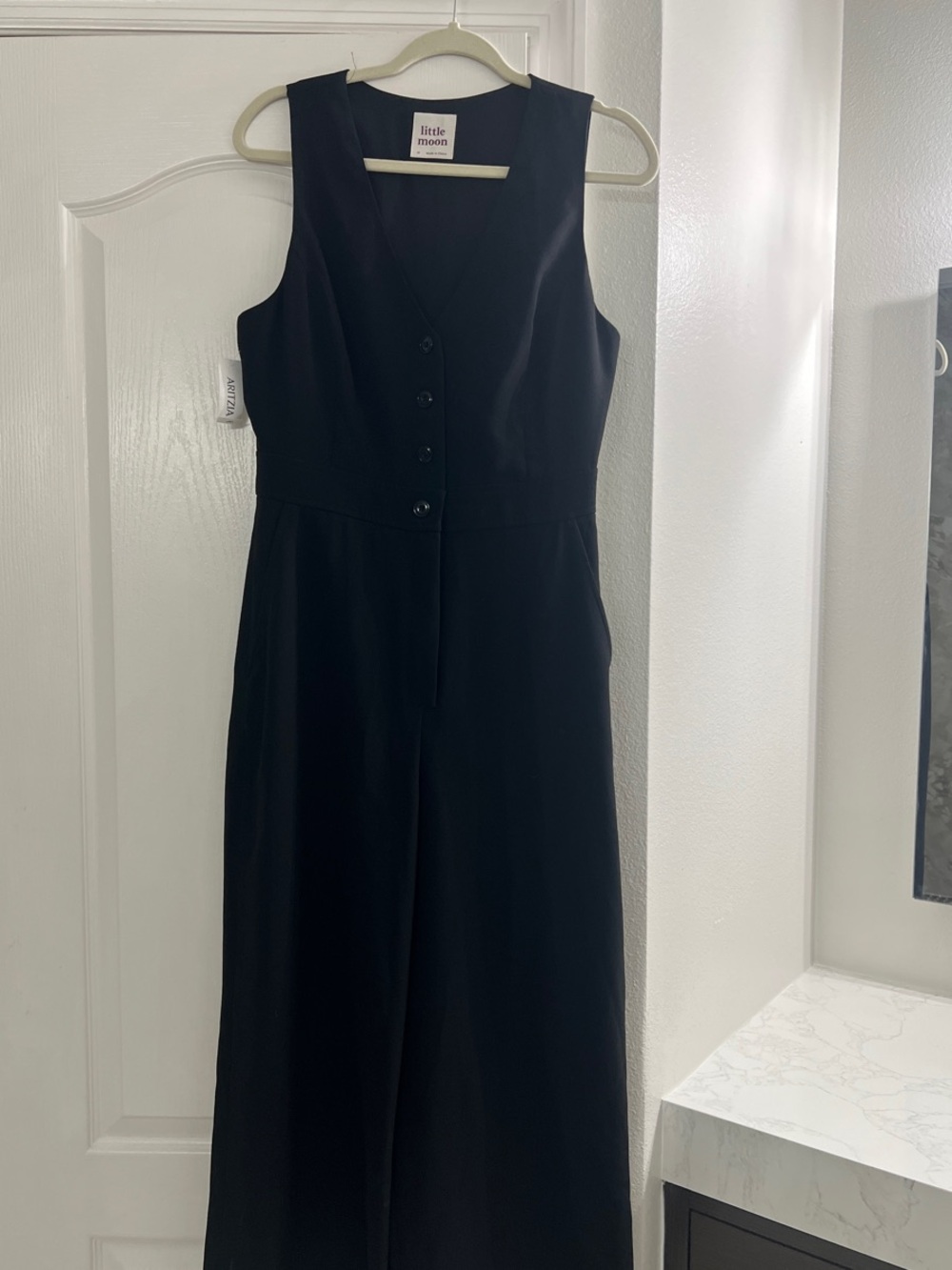 Aritzia Little Moon Black V-Neck Button-Front Wide-Leg Jumpsuit